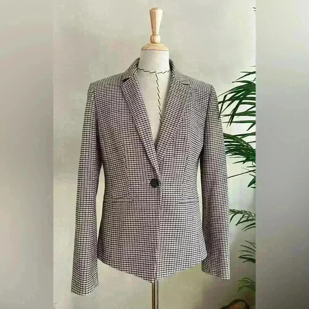 Ann Taylor Factory Women’s Houndstooth One-Button Blazer Jacket | 2 | Brown Blue